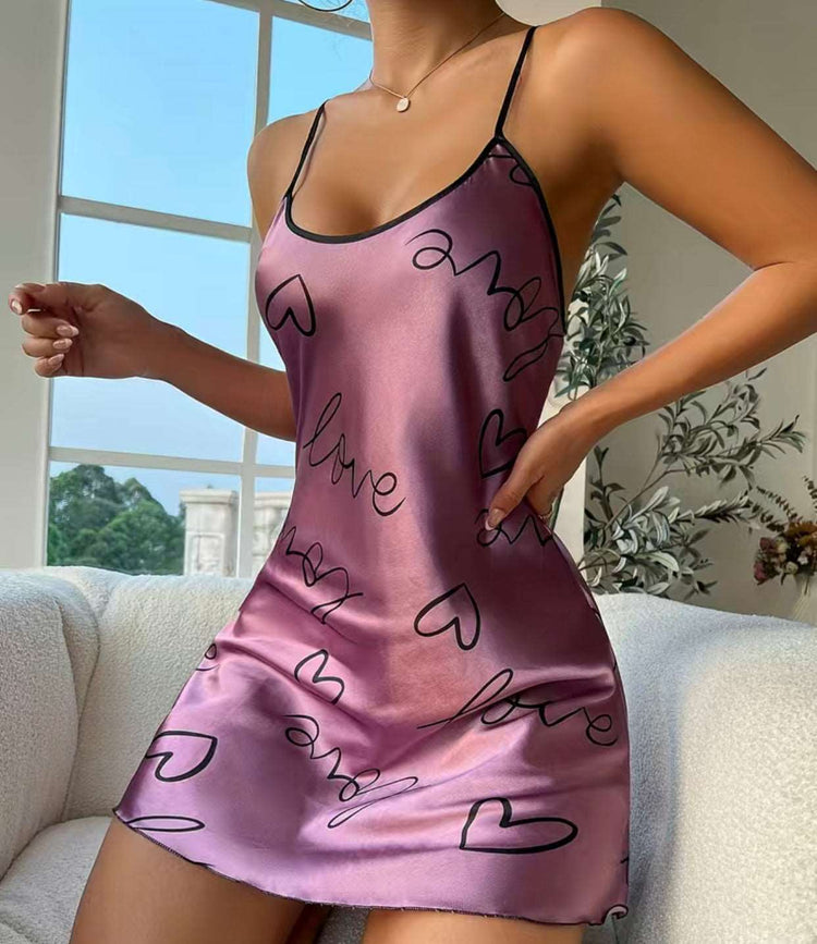 Heart Print Satin Night Dress
