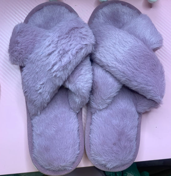 Purple Cross Strap Fuzzy Slippers