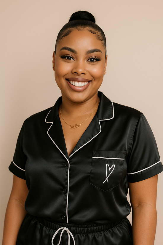 Black Satin PJ with White Piping