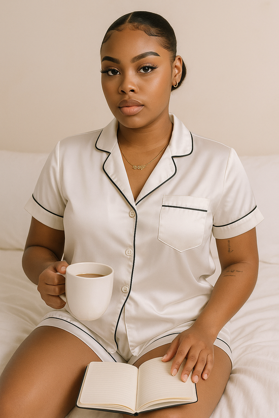 White Satin PJ with Black Piping